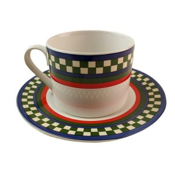 Ella's Rooster Bob Timberlake 2.5" Flat Cup & Saucer Set of 4 Checkered Rim - Picture 3 of 11